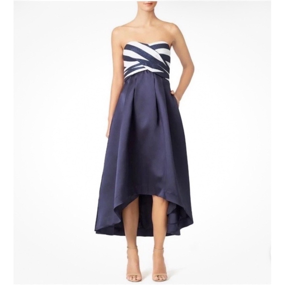 Shoshanna Midnight Dawn Metallic Striped Strapless High Low Formal Gown Dress